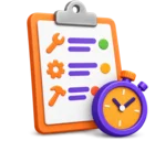 Work order clipboard with a stopwatch, standing for work orders and response times