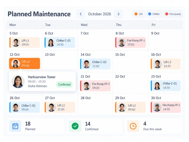 Planned maintenance calendar in the Episcript Facilities Management Software, with servicing visits for lifts, chillers and fire pumps across a month