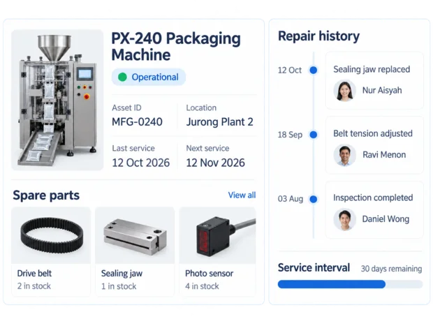 Asset record screen in the Episcript Maintenance Management System, showing a packaging machine with its spare parts and repair history