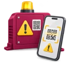Phone scanning a QR label on a machine with a warning sign, standing for fault reports from a mobile app