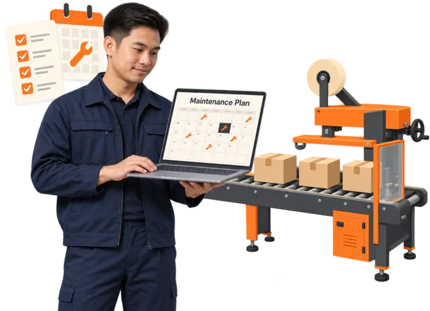 Maintenance planner reviewing a preventive maintenance calendar on a laptop beside a packaging line, with illustrated checklist and calendar cards