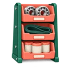 Shelf of labelled bins holding bearings, belts and filters, standing for spare parts and stores