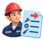 Technician in a hard hat beside a job card with an assignment arrow, standing for technician and contractor assignment
