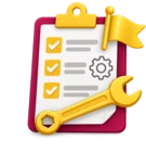 Work order on a clipboard with a spanner and a priority flag, standing for work order management