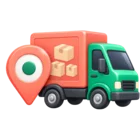 Delivery truck beside a map pin, standing for transport and shipment tracking