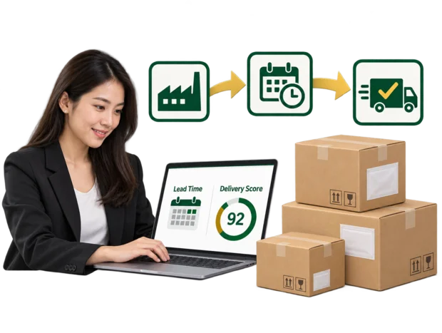 Buyer reviewing supplier lead times and delivery scores on a laptop beside stacked cartons in a warehouse office