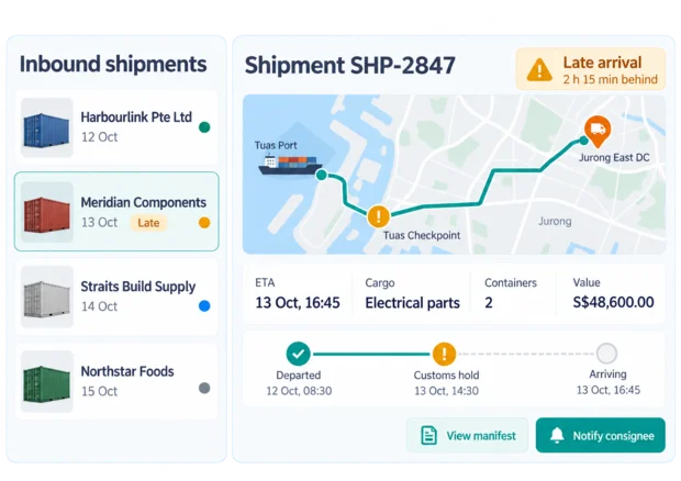 Control tower screen in the Episcript Supply Chain Management Software, with inbound shipments on a map and late arrivals flagged