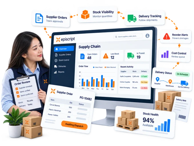 Operations planner reviewing supplier orders, warehouse stock and delivery status in the Episcript Supply Chain Management Software