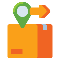 Parcel with a location pin and an arrow showing it on the move