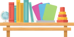 Teaching materials and centre equipment on a stock shelf