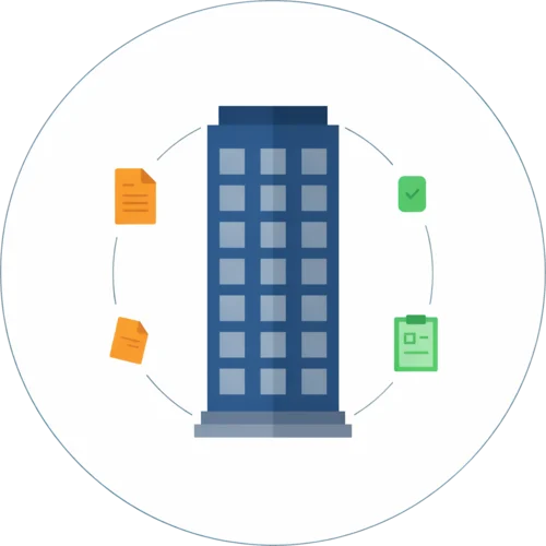 Company building ringed by its filed documents and records, standing for the firm's own client entity register