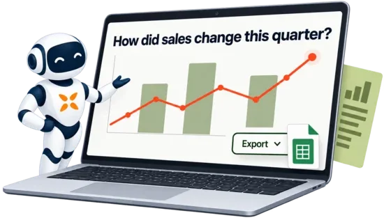 The AI answering a plain-English question about sales with a chart and an export button