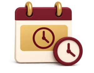 Calendar page with a clock face and a smaller clock beside it