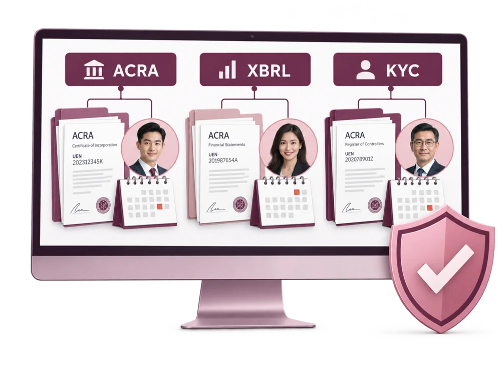 A compliance board listing ACRA, XBRL and KYC deadlines for each entity with their owners