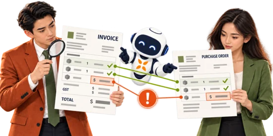 A supplier invoice read by the AI, with the extracted fields matched to the purchase order and the price difference flagged for review