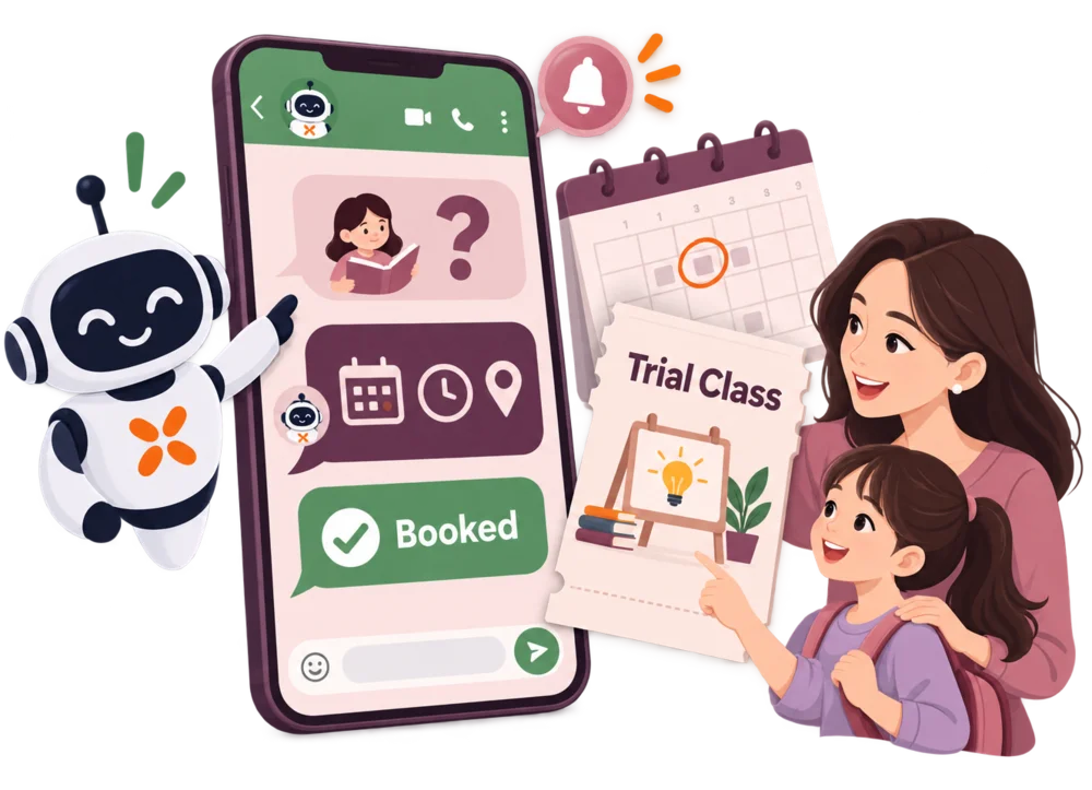 A WhatsApp conversation in which the AI agent answers a parent's question and books a trial class