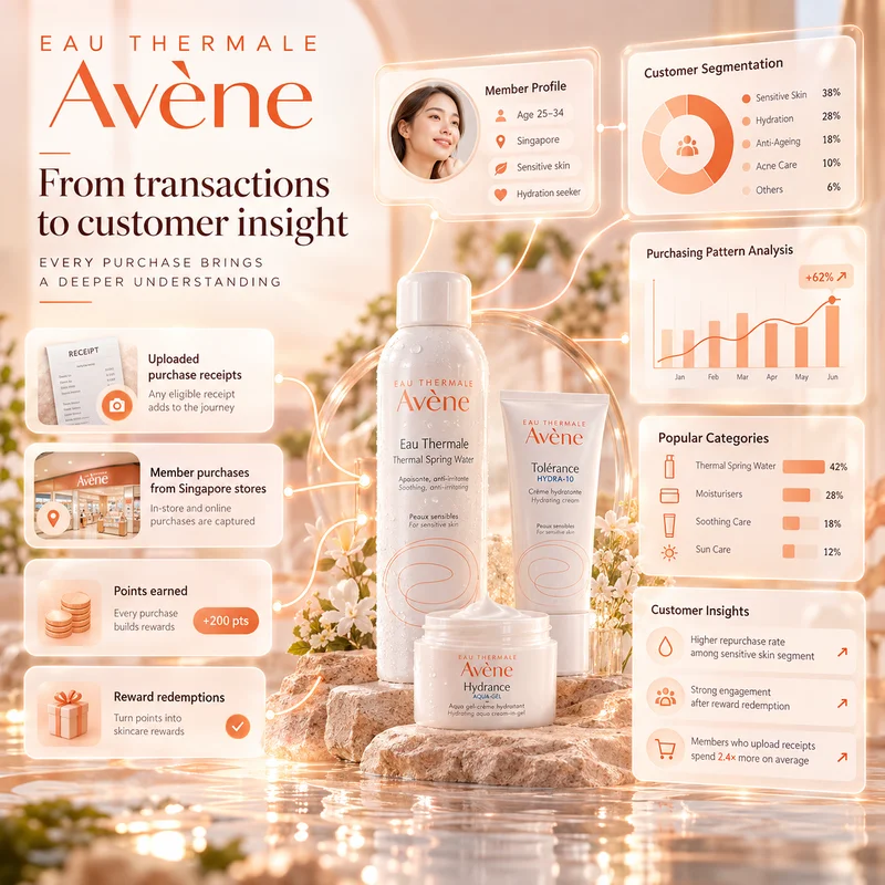 A purchase and redemption report in Avène's membership CRM, charting points earned and gifts redeemed by members over time