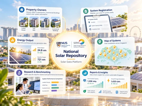 A map of Singapore in the National Solar Repository, marking the locations of registered solar PV installations