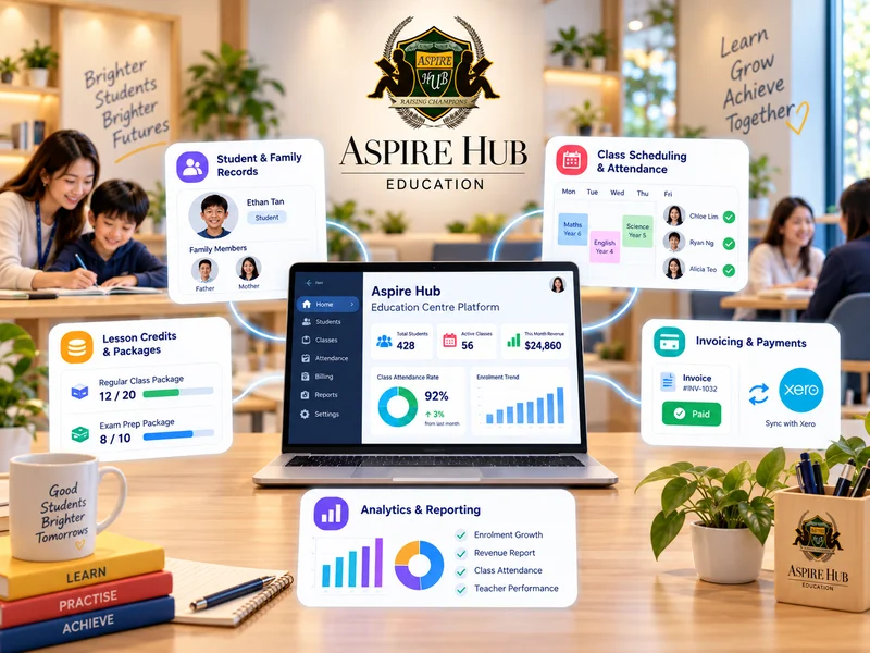 The class schedule in Aspire Hub's Tuition Centre Management Software, showing recurring lessons and make-up classes across branches
