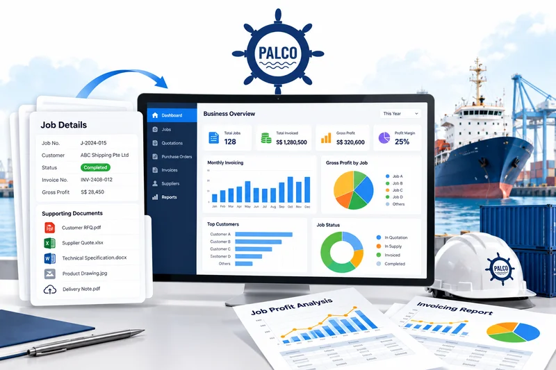 A job profitability report in Palco's marine ERP software, charting invoices and gross profit after expenses for individual jobs
