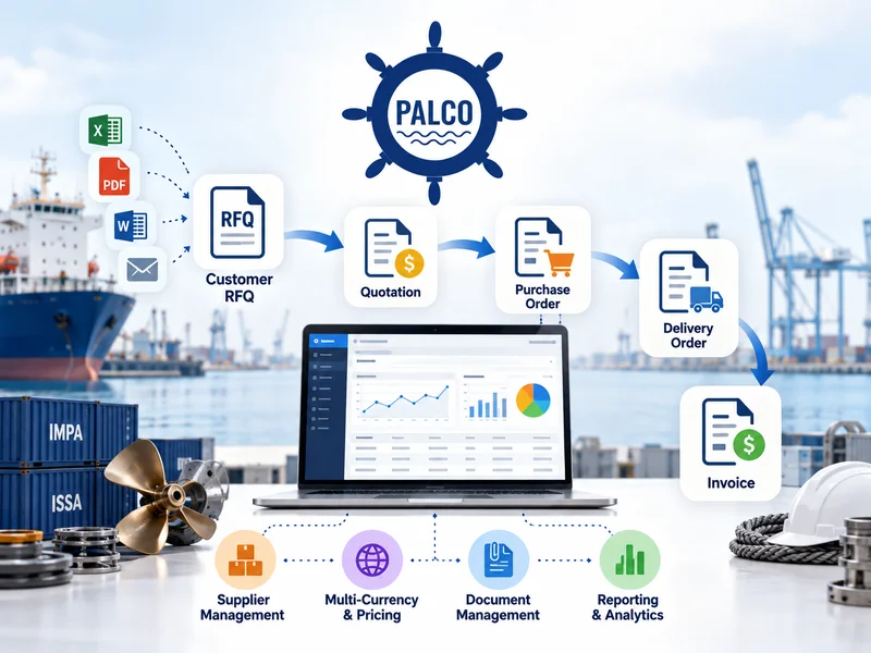A customer RFQ in Palco's marine ERP software, with line items pasted from Excel and ready to convert into a quotation