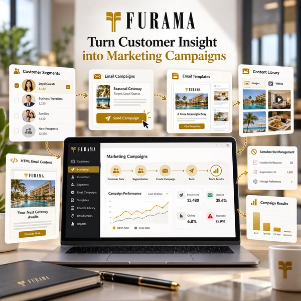 Campaign statistics in Furama's hospitality CRM, showing emails sent, opened and bounced for a targeted guest campaign