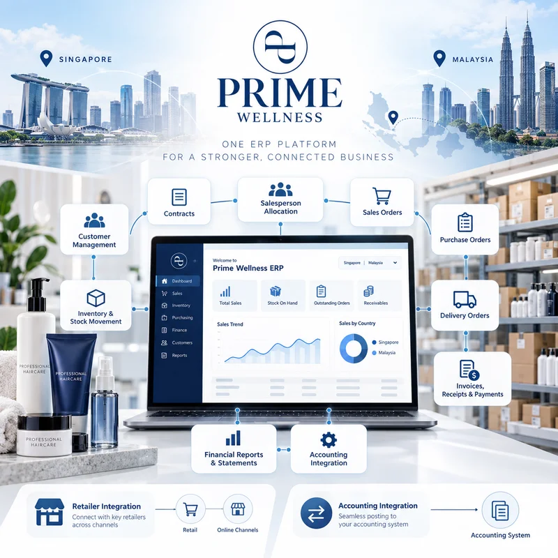A sales order in Prime Wellness's regional ERP software, linked to the customer account, salesperson and delivery order