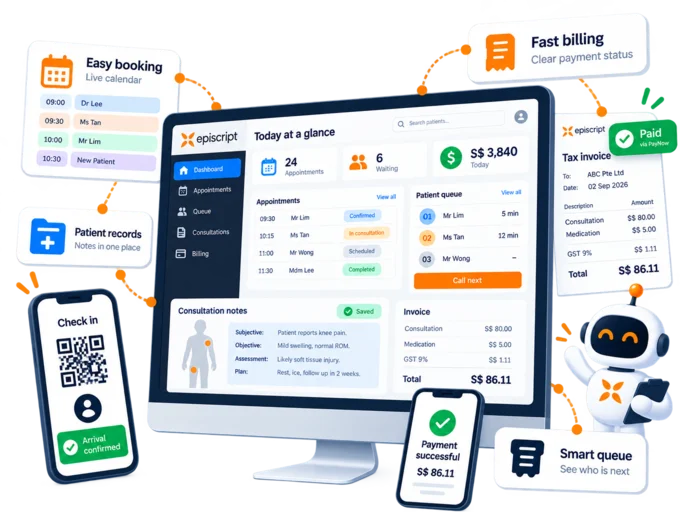 Clinic management system bringing the appointment book, patient queue, consultation notes and clinic billing together on one screen
