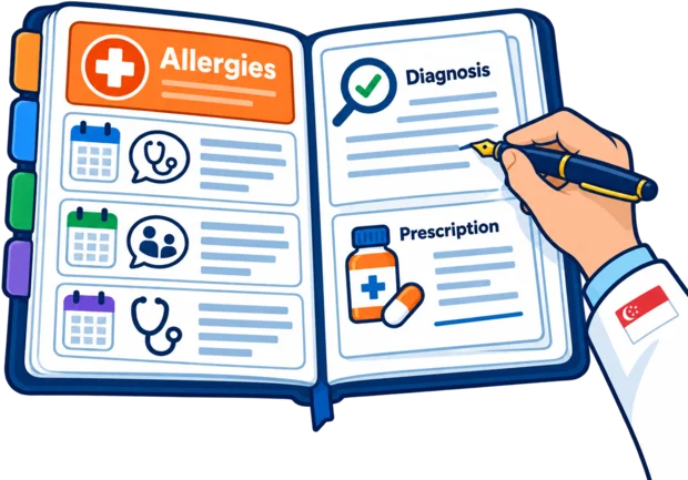 Consultation screen showing a patient's past visits and allergies beside the doctor's note, diagnosis and prescription