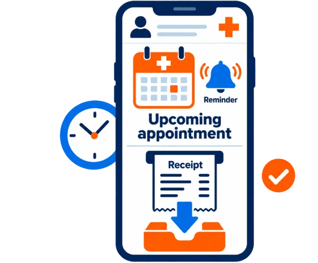 Patient portal on a phone showing an upcoming appointment, a reminder and a downloadable receipt