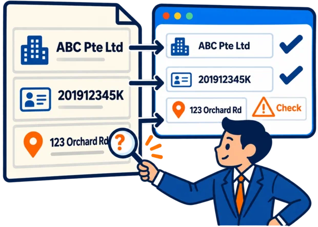 Review screen showing the fields read from a business profile beside their source lines, with one uncertain field flagged for checking