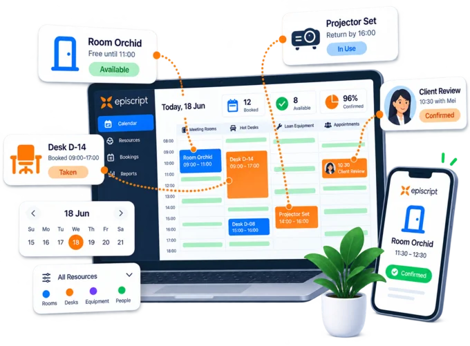 Booking calendar with meeting rooms, hot desks, loan equipment and staff appointments, showing free and taken slots for the day