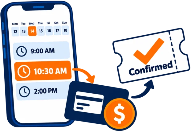 Customer choosing a free appointment slot on a phone booking page, followed by a deposit step and a confirmation