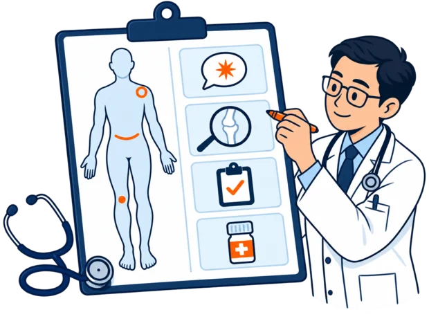 Specialty consultation template in the clinic EMR, with a body chart marked by the doctor beside structured note fields