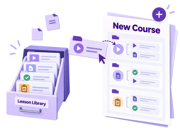 Course builder with modules and lessons dragged from a shared lesson library into a new course outline