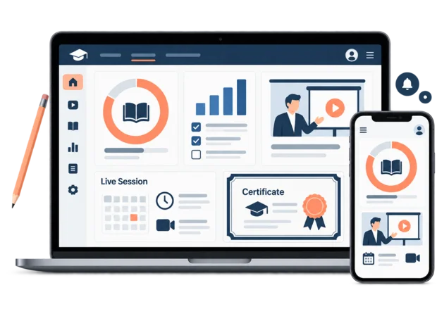 Learner dashboard on a laptop and a phone, showing courses in progress, the next live session and an earned certificate