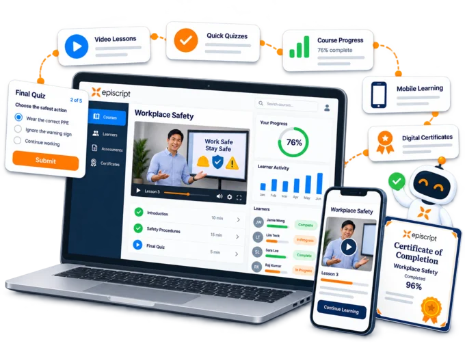 Learning management system on a laptop and a phone, showing a course with video lessons, a quiz and a certificate of completion