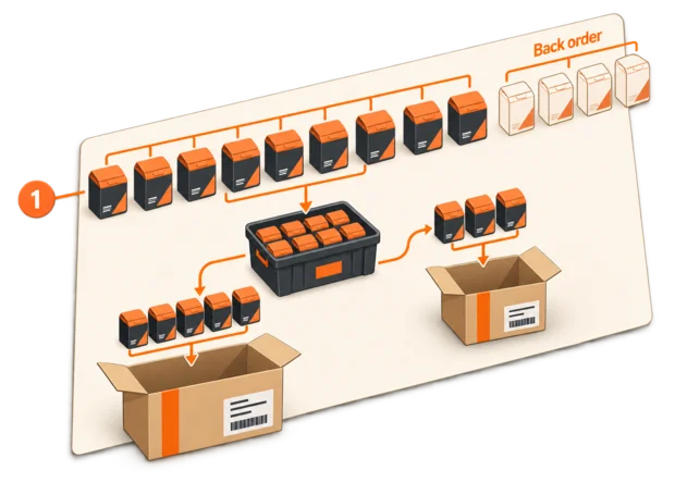 Sales order lines showing the quantity ordered, allocated, delivered and on back order, with one line split across two deliveries