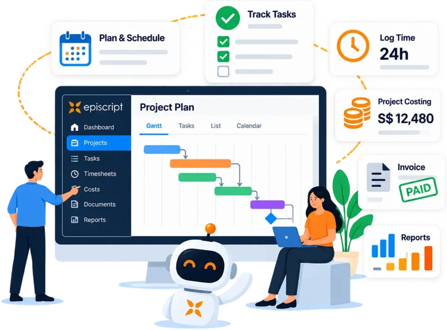 Project team reviewing a schedule, a task board and a budget inside one project management screen