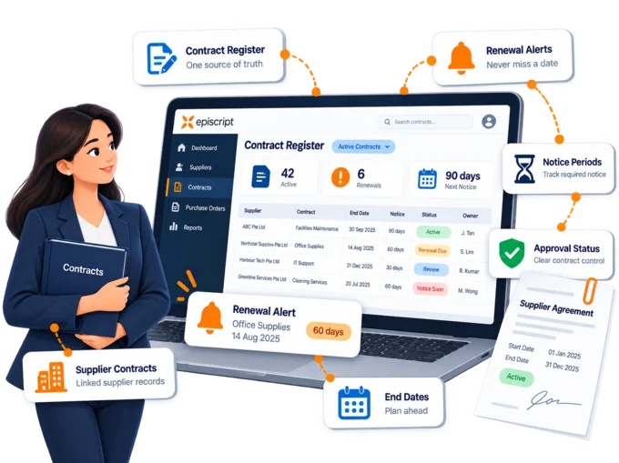 Contract register in an Episcript procurement system, listing supplier contracts with their end dates, notice periods and renewal alerts