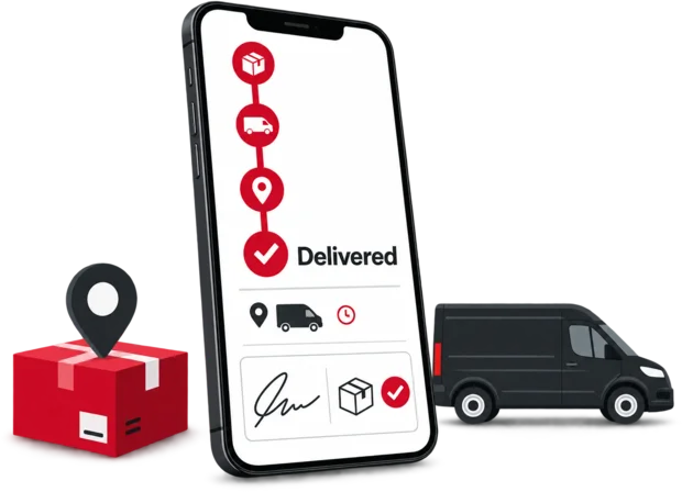 Customer tracking page on a phone with a delivery's status steps, the driver's latest update and a signed proof of delivery