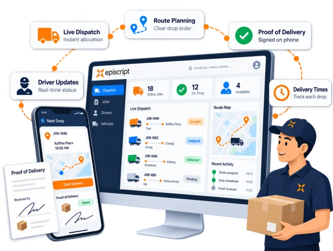 Dispatch screen of lorries and delivery jobs beside a driver's phone showing the next drop and a signed proof of delivery