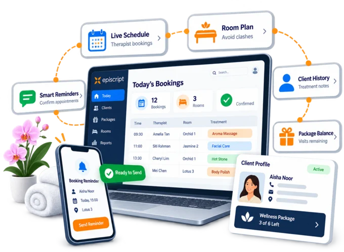 Spa management software showing the day's treatment bookings by therapist and room, a client profile with a package balance and a reminder ready to send