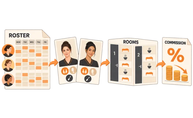 Week roster of spa therapists beside a treatment room schedule, with each therapist's skills and the month's commission total