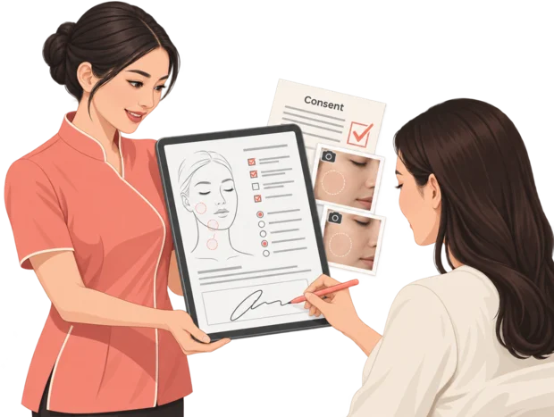 Client treatment record on a tablet with a completed consultation form, signed consent and before-and-after photographs from earlier sessions
