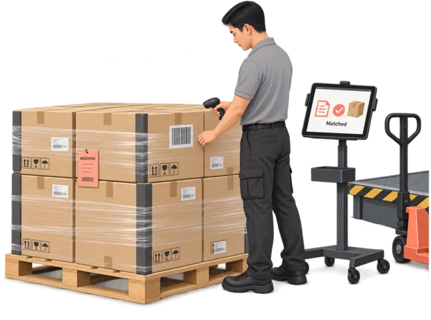 Storeman scanning an incoming pallet at the receiving dock while a tablet compares the delivery with the advance shipping notice
