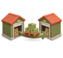 Two warehouse buildings joined by an arrow carrying a pallet between them