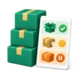 Stacked cartons beside a status card showing available, reserved and on-hold quantities