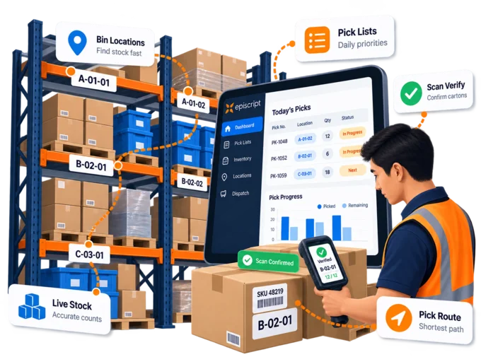 Pallet racking with labelled bin locations beside a tablet showing the day's pick list and a handheld scanner confirming a carton