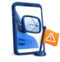 Phone showing a photo of a cracked wing mirror with a warning flag beside it